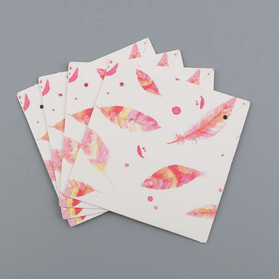 Picture of Paper Jewelry Display Card Square Pink Feather Pattern 59mm(2 3/8") x 59mm(2 3/8"), 50 Sheets