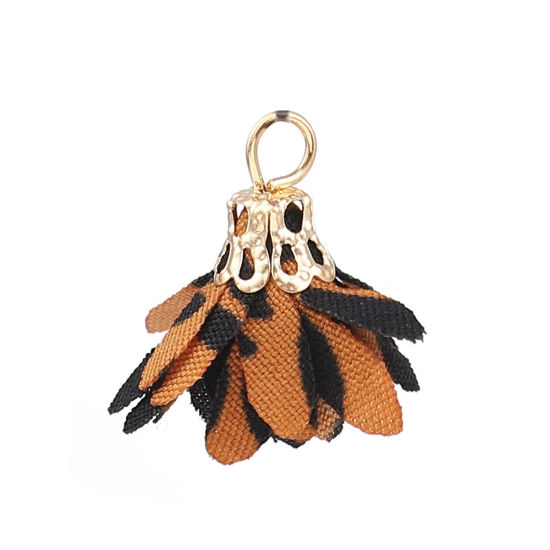 Picture of Zinc Based Alloy & Fabric Tassel Charms Chrysanthemum Flower Gold Plated Pattern 18mm x16mm( 6/8" x 5/8") - 17mm x13mm( 5/8" x 4/8"), 20 PCs