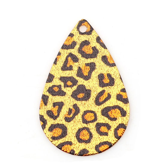 Picture of Zinc Based Alloy Enamel Painting Charms Drop Gold Plated Yellow Leopard Print Sparkledust 28mm x 18mm, 10 PCs