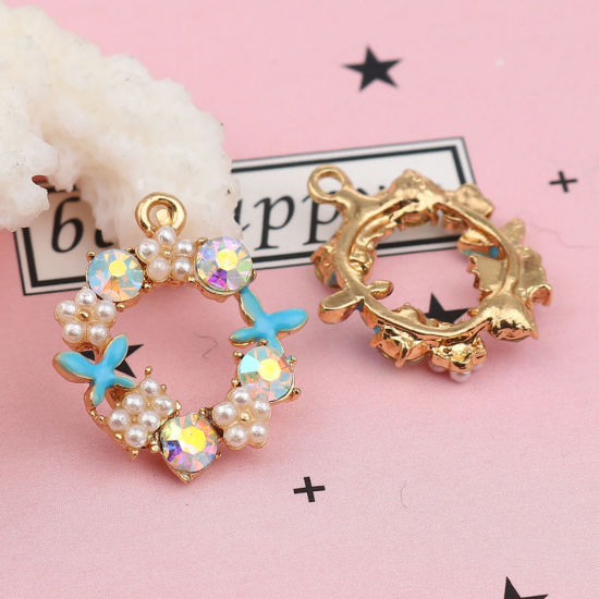 Imagen de Zamak Esmalte Colgantes Charms Anillo Chapado en Oro Blanco Mariposa AB Color Rhinestone Acrílico Imitación de Perla 21mm x 19mm - 20mm x 19mm, 5 Unidades