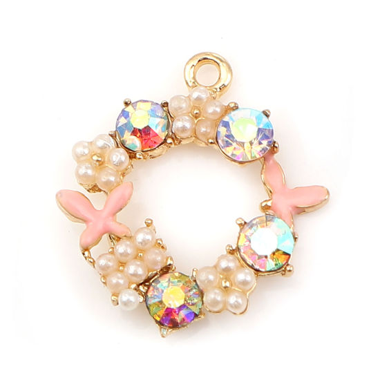 Imagen de Zamak Esmalte Colgantes Charms Anillo Chapado en Oro Color rosa Mariposa AB Color Rhinestone Acrílico Imitación de Perla 21mm x 19mm - 20mm x 19mm, 5 Unidades
