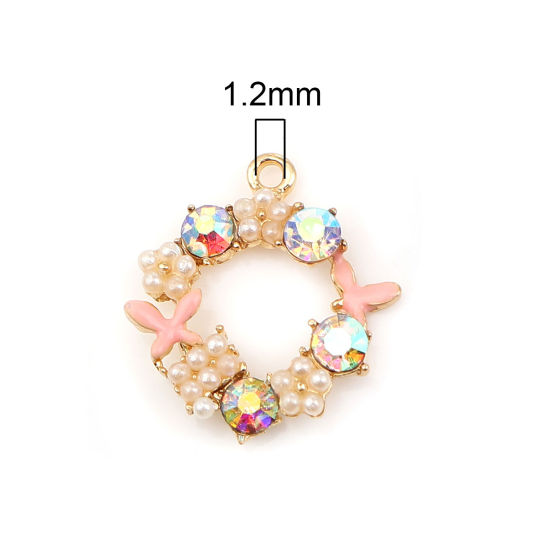 Imagen de Zamak Esmalte Colgantes Charms Anillo Chapado en Oro Color rosa Mariposa AB Color Rhinestone Acrílico Imitación de Perla 21mm x 19mm - 20mm x 19mm, 5 Unidades