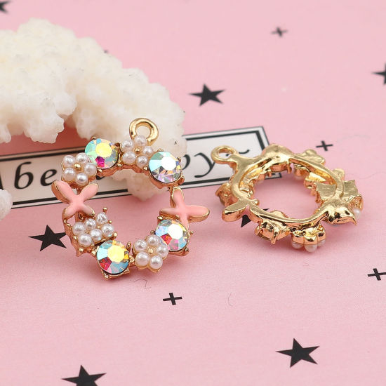 Imagen de Zamak Esmalte Colgantes Charms Anillo Chapado en Oro Color rosa Mariposa AB Color Rhinestone Acrílico Imitación de Perla 21mm x 19mm - 20mm x 19mm, 5 Unidades