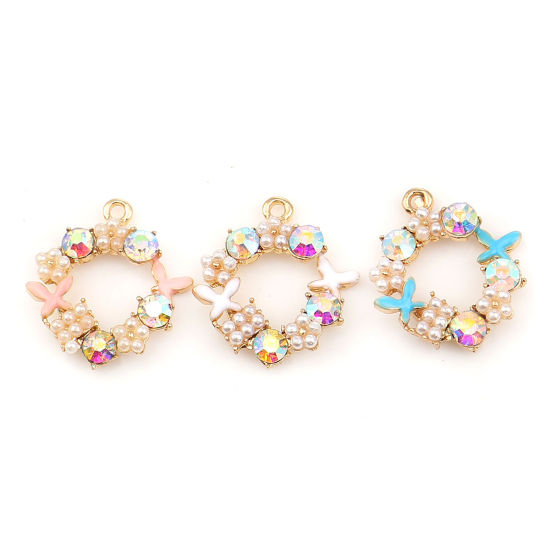 Imagen de Zamak Esmalte Colgantes Charms Anillo Chapado en Oro Color rosa Mariposa AB Color Rhinestone Acrílico Imitación de Perla 21mm x 19mm - 20mm x 19mm, 5 Unidades