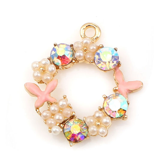 Imagen de Zamak Esmalte Colgantes Charms Anillo Chapado en Oro Color rosa Mariposa AB Color Rhinestone Acrílico Imitación de Perla 21mm x 19mm - 20mm x 19mm, 5 Unidades