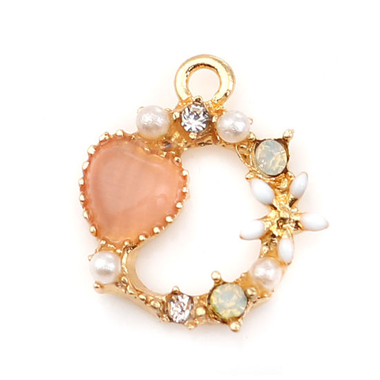 Picture of Zinc Based Alloy Enamel Charms Circle Ring Gold Plated White Heart Pink Rhinestone Acrylic Imitation Pearl 15mm( 5/8") x 14mm( 4/8"), 5 PCs