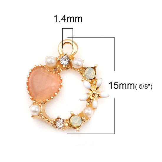 Picture of Zinc Based Alloy Enamel Charms Circle Ring Gold Plated White Heart Pink Rhinestone Acrylic Imitation Pearl 15mm( 5/8") x 14mm( 4/8"), 5 PCs
