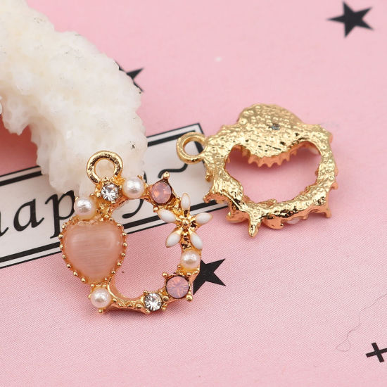 Picture of Zinc Based Alloy Enamel Charms Circle Ring Gold Plated White Heart Pink Rhinestone Acrylic Imitation Pearl 15mm( 5/8") x 14mm( 4/8"), 5 PCs