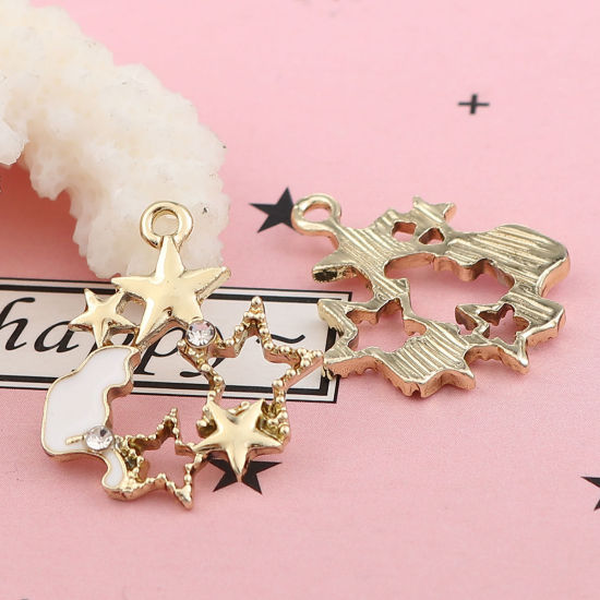 Immagine di Lega di Zinco Charms Irregolare Oro Chiaro Bianco Gatto Trasparente Strass Smalto 21mm x 18mm , 10 Pz