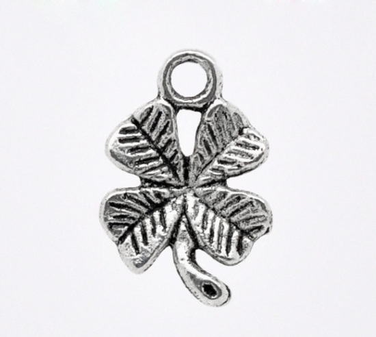 Picture of 100PCs Antique Silver Color Four-Leaf Clover Charms Pendants 11x15mm