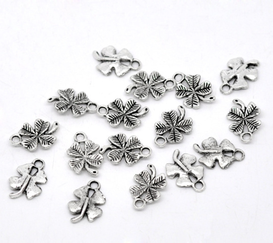 Picture of 100PCs Antique Silver Color Four-Leaf Clover Charms Pendants 11x15mm