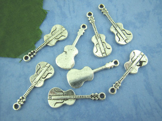 Picture of 50PCs Antique Silver Color Guitar Charms Pendants 10x26mm