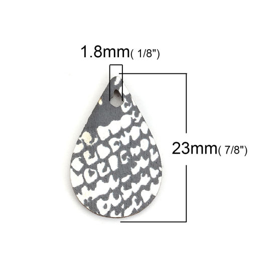Immagine di Legno Charms Goccia Nero & Bianco Stampa di Serpente Disegno 23mm x 15mm, 30 Pz