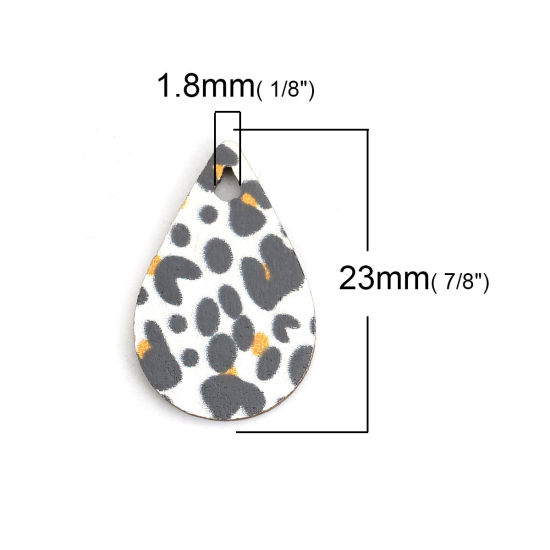 Immagine di Legno Charms Goccia Nero & Giallo Leopardo Disegno 23mm x 15mm, 30 Pz