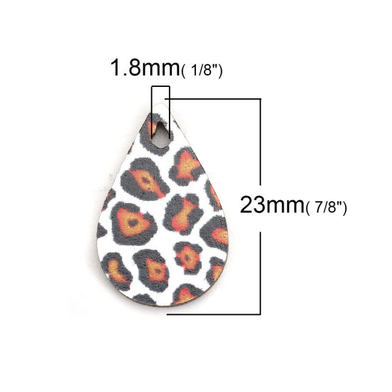 Immagine di Legno Charms Goccia Rosso Arancione Leopardo Disegno 23mm x 15mm, 30 Pz