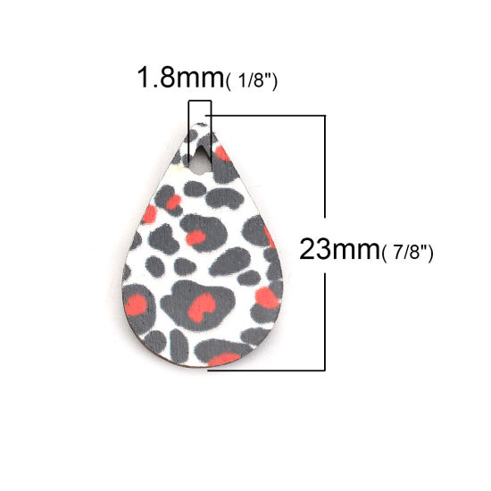 Immagine di Legno Charms Goccia Nero & Bianco Leopardo Disegno 23mm x 15mm, 30 Pz