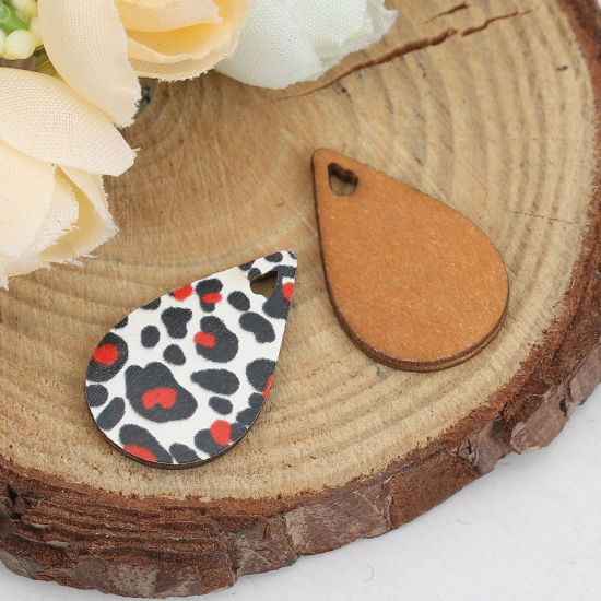 Immagine di Legno Charms Goccia Nero & Bianco Leopardo Disegno 23mm x 15mm, 30 Pz