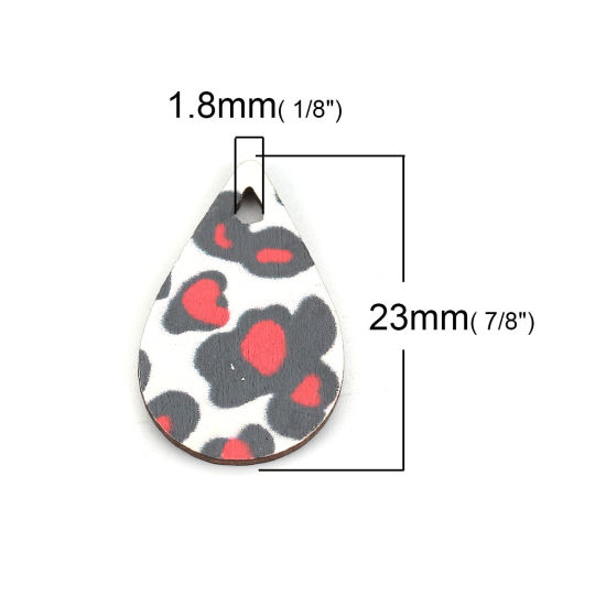 Immagine di Legno Charms Goccia Nero & Bianco Leopardo Disegno 23mm x 15mm, 30 Pz