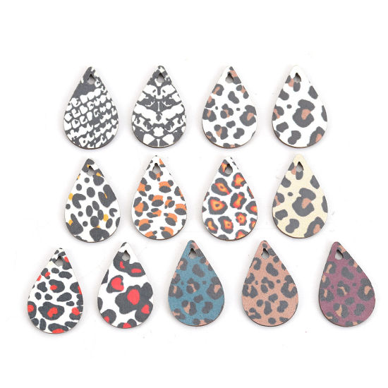 Immagine di Legno Charms Goccia Nero & Bianco Leopardo Disegno 23mm x 15mm, 30 Pz