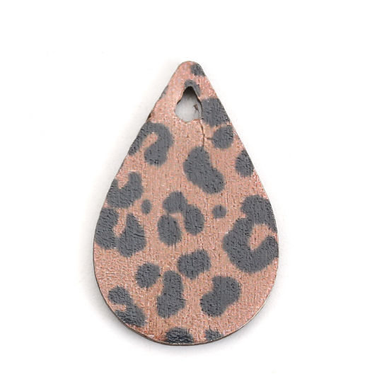 Picture of Wood Charms Drop Coffee Leopard Print 23mm( 7/8") x 15mm( 5/8"), 30 PCs