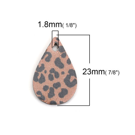 Picture of Natural Wood Charms Drop Coffee Leopard Print 23mm( 7/8") x 15mm( 5/8"), 30 PCs