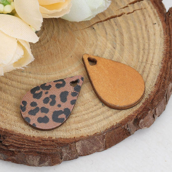 Picture of Natural Wood Charms Drop Coffee Leopard Print 23mm( 7/8") x 15mm( 5/8"), 30 PCs