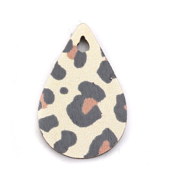 Picture of Natural Wood Charms Drop Coffee Leopard Print 23mm( 7/8") x 15mm( 5/8"), 30 PCs