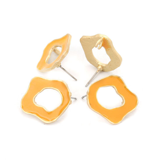 Image de Boucles d'Oreilles Puces Émail en Alliage de Zinc Irrégulier Orange Or Mat Boucle Ouvert 22mm x 20mm, Epaisseur de Fil: (21 gauge), 6 Pcs