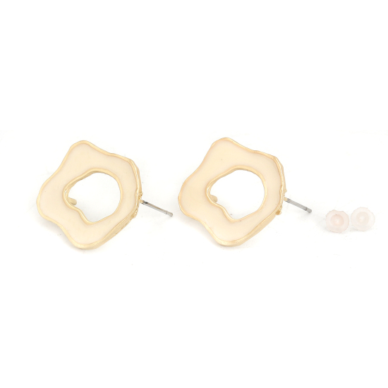 Picture of Zinc Based Alloy Enamel Ear Post Stud Earrings Findings Irregular Matt Gold Creamy-White W/ Open Loop 22mm x 20mm, Post/ Wire Size: (21 gauge), 6 PCs