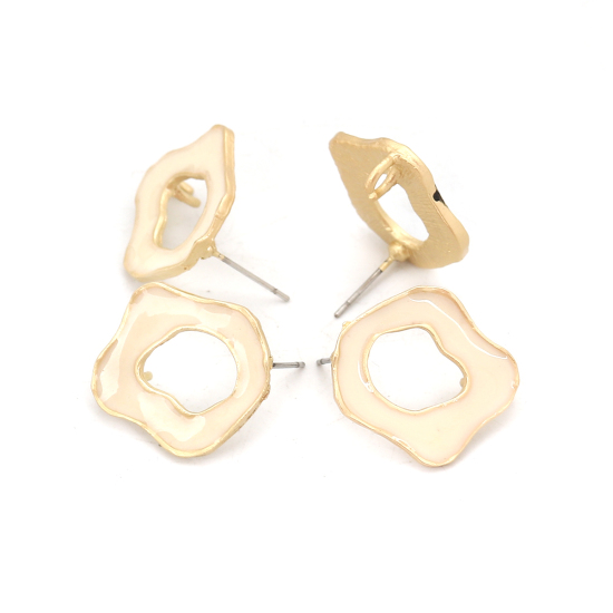 Image de Boucles d'Oreilles Puces Émail en Alliage de Zinc Irrégulier Crème Or Mat Boucle Ouvert 22mm x 20mm, Epaisseur de Fil: (21 gauge), 6 Pcs