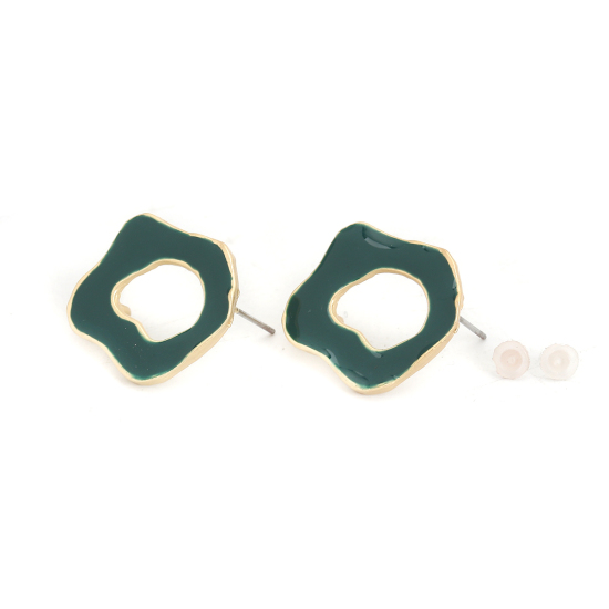Picture of Zinc Based Alloy Enamel Ear Post Stud Earrings Findings Irregular Matt Gold Green W/ Open Loop 22mm x 20mm, Post/ Wire Size: (21 gauge), 6 PCs
