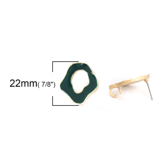 Image de Boucles d'Oreilles Puces Émail en Alliage de Zinc Irrégulier Vert Or Mat Boucle Ouvert 22mm x 20mm, Epaisseur de Fil: (21 gauge), 6 Pcs