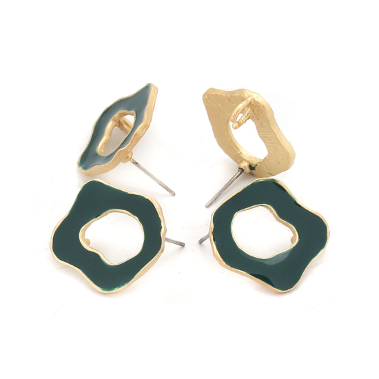 Image de Boucles d'Oreilles Puces Émail en Alliage de Zinc Irrégulier Vert Or Mat Boucle Ouvert 22mm x 20mm, Epaisseur de Fil: (21 gauge), 6 Pcs