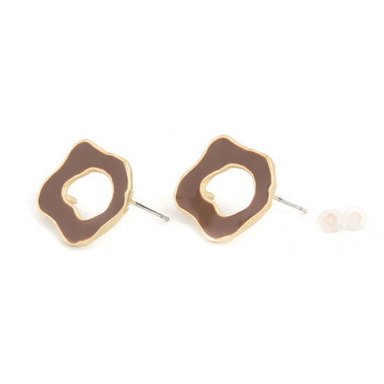 Image de Boucles d'Oreilles Puces Émail en Alliage de Zinc Irrégulier Café Or Mat Boucle Ouvert 22mm x 20mm, Epaisseur de Fil: (21 gauge), 6 Pcs