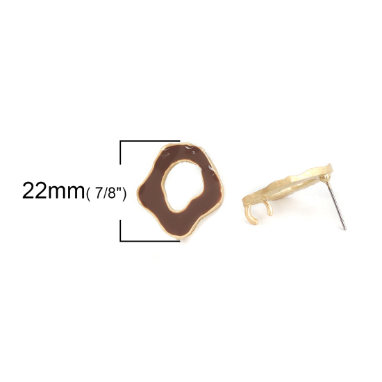 Image de Boucles d'Oreilles Puces Émail en Alliage de Zinc Irrégulier Café Or Mat Boucle Ouvert 22mm x 20mm, Epaisseur de Fil: (21 gauge), 6 Pcs