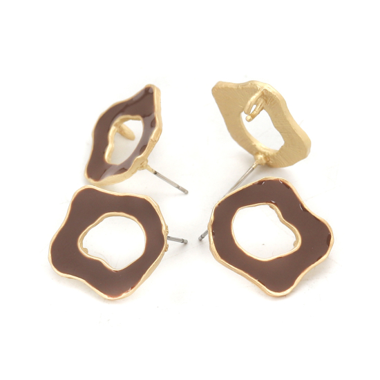 Image de Boucles d'Oreilles Puces Émail en Alliage de Zinc Irrégulier Café Or Mat Boucle Ouvert 22mm x 20mm, Epaisseur de Fil: (21 gauge), 6 Pcs
