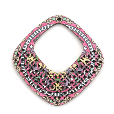 Image de Connecteurs en Bois Naturel Losange Fuchsia Fleurs 40mm x 40mm, 10 Pcs