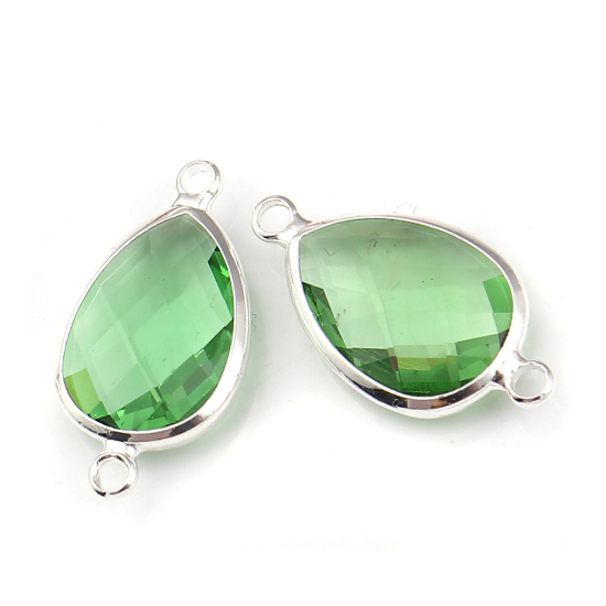 Picture of Zinc Based Alloy & Glass August Birthstone Connectors Drop Silver Plated Faceted Light Green Rhinestone 26mm x 14mm, 5 PCs