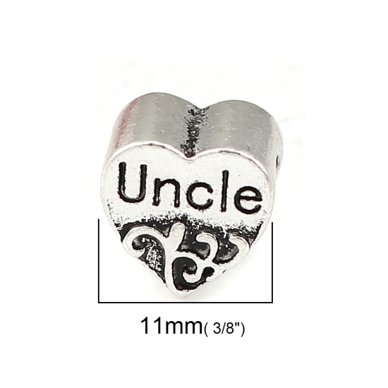 Zinc Based Alloy European Style Large Hole Charm Beads Heart Antique Silver Flower Vine Message " Uncle " About 11mm( 3/8") x 11mm( 3/8"), Hole: Approx 4.4mm, 10 PCs の画像