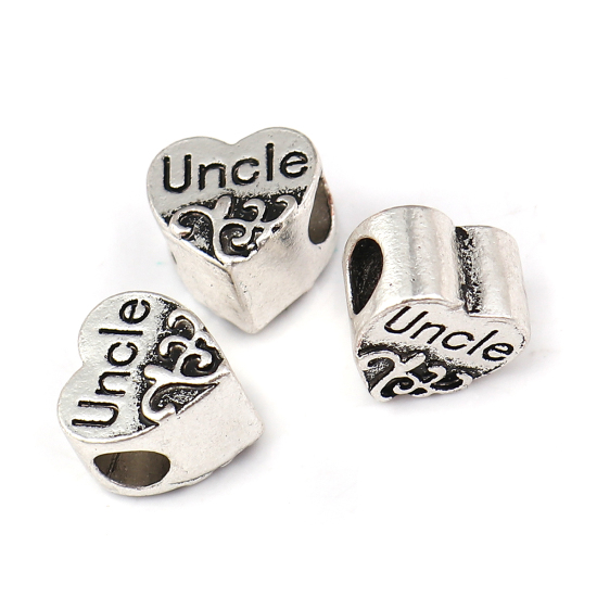 Zinc Based Alloy European Style Large Hole Charm Beads Heart Antique Silver Flower Vine Message " Uncle " About 11mm( 3/8") x 11mm( 3/8"), Hole: Approx 4.4mm, 10 PCs の画像