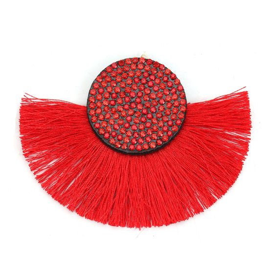 Image de Pendentifs Franges en Polyester Demi-Rond Rouge à Strass Rouge 83mm x 61mm, 5 Pcs