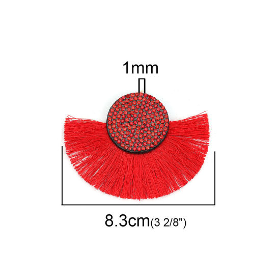 Image de Pendentifs Franges en Polyester Demi-Rond Rouge à Strass Rouge 83mm x 61mm, 5 Pcs