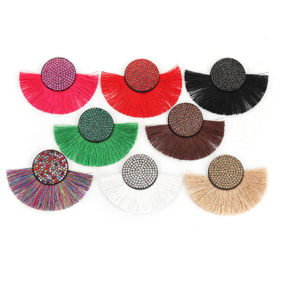 Image de Pendentifs Franges en Polyester Demi-Rond Rouge à Strass Rouge 83mm x 61mm, 5 Pcs