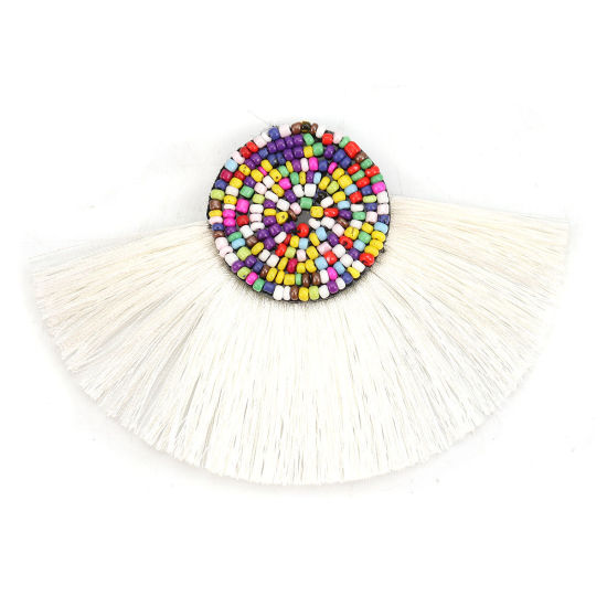 Immagine di Vetro & Poliestere Nappine Ciondoli Mezzo Tondo Bianco Sporco 10cm x 7cm, 3 Pz