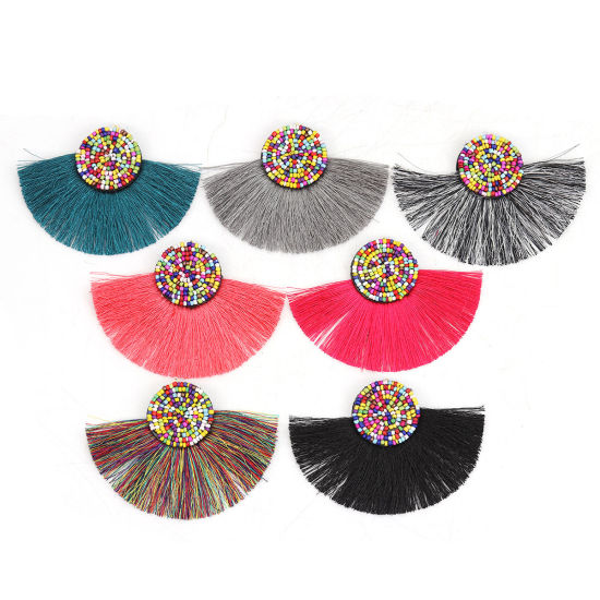 Immagine di Vetro & Poliestere Nappine Ciondoli Mezzo Tondo Bianco Sporco 10cm x 7cm, 3 Pz