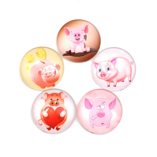 Picture of Glass Dome Seals Cabochon Round Flatback At Random Piggy Pattern 25mm(1") Dia, 20 PCs