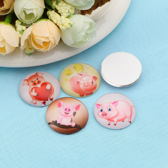 Picture of Glass Dome Seals Cabochon Round Flatback At Random Piggy Pattern 25mm(1") Dia, 20 PCs