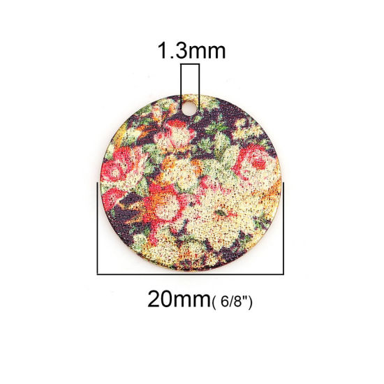 亜鉛合金 彩色上絵 チャーム 円形 金メッキ 多色 花彫刻 スターダスト 20mm直径、 10 個 の画像
