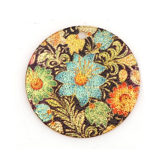 Bild von Zinklegierung Emailmalerei Charms Rund Vergoldet Bunt Blume Blätter Sternenstaub 20mm D., 10 Stück