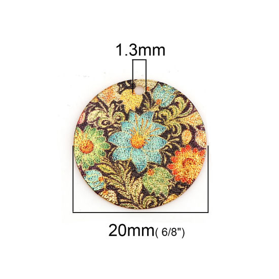 Bild von Zinklegierung Emailmalerei Charms Rund Vergoldet Bunt Blume Blätter Sternenstaub 20mm D., 10 Stück
